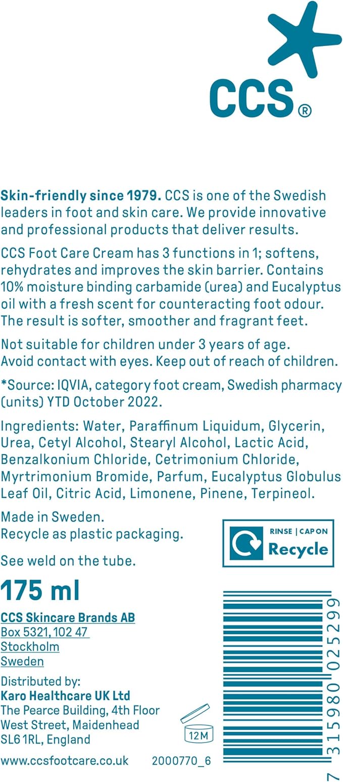 CCS Foot Care Cream, Professional Formula for Dry, Callused Feet, Vegan Formula With Urea and Eucalyptus Oil, No Parabens or Sulfates, Clinically Tested, Doctor Recommended, 5.9 fl oz (175ml)