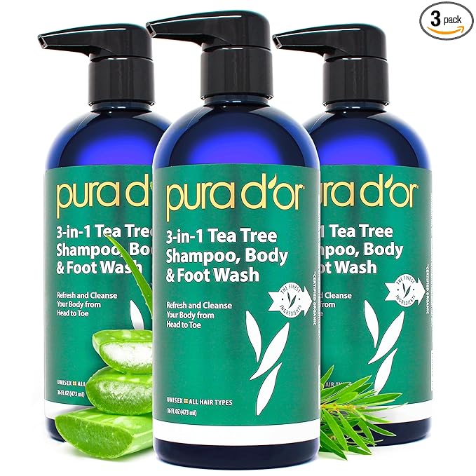 PURA D'OR 3-in-1 Tea Tree Shampoo, Body & Foot Wash, Shampoo (16oz x3 = 48oz) Total Body Care - Foot Odor & Daily Hygiene, Cleansing Routine, Post-Workout Refreshment - Soothes, Invigorates, Nourishes