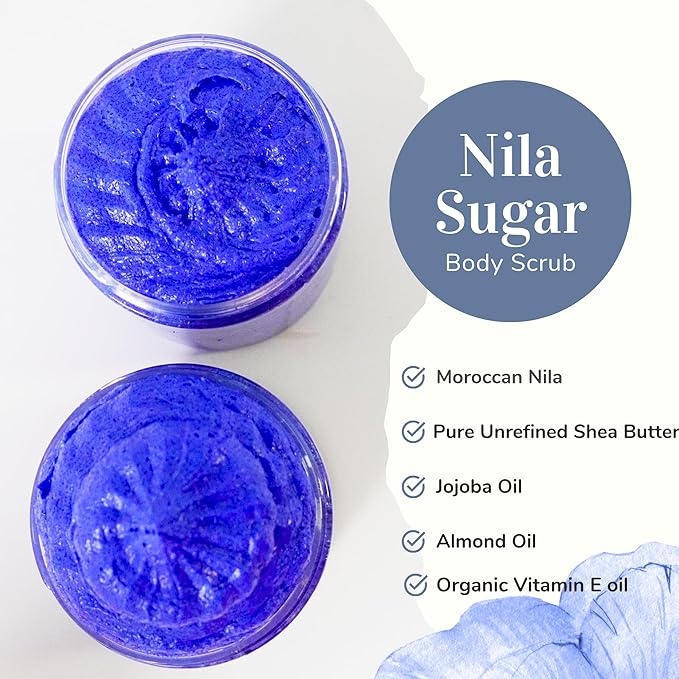 Blue Nila Whipped Sugar Scrub 2 in 1 Soap + Scrub made with Pure Moroccan Nila deeply Clean the Skin, Gently Exfoliate and Even Skin Tone.
