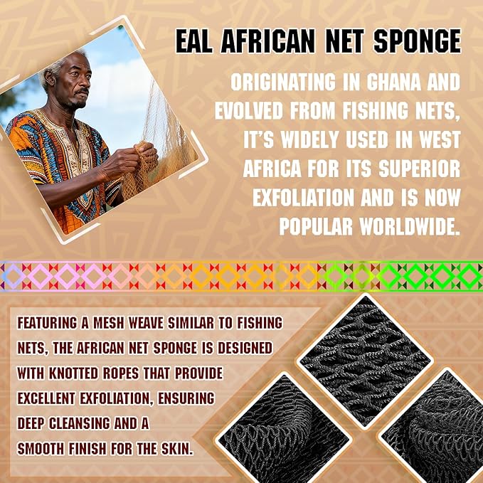 2-Pack African Net Sponge - Exfoliating Scrubber for Face & Body Shower, Travel-Ready, Durable, Gentle Exfoliation for Sensitive Skin(Purple,Black)