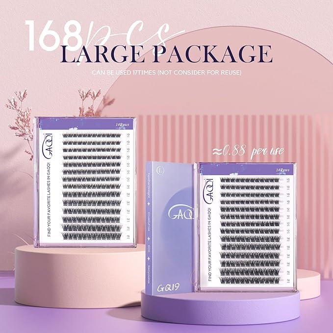 GAQQI Lash Clusters, GQ03 False Eyelashes DIY Lash Extensions D Curve 168PCS Cluster Lashes 10MM, Wispy and Natural Lash Wisps (GQ03,D,10mm)