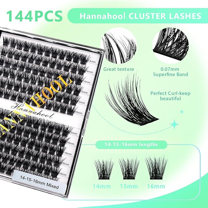 12rows-Large Tray Mixed 8-10-12-14-16mm/Mixed 14-15-16mm/Mixed14mm-16mm/Mixed 18-20mm Wide Stem Individual False Eyelashes Dramatic Black Cluster Eyelashes (mixed 14-15-16mm)
