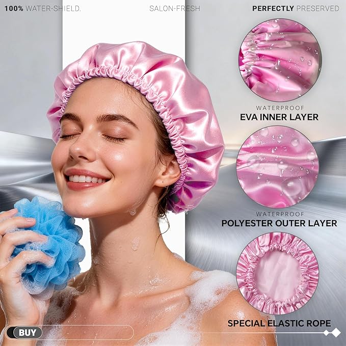 Smilco 2 Pack Shower Caps for Women, Reusable Waterproof Double Layer Bath Cap, Large EVA Elastic Hair Cover for Shower, Fits Long Hair & Braids, for Spa & Home
