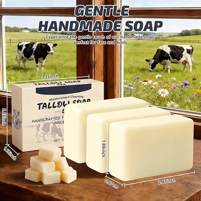 Beef Tallow Soap Bar, Natural Grass Fed Tallow Soap for Face Body Hand, Deep Cleansing, Moisturizing Facial Cleanser Body Wash, Organic Bath Soap Great for Dry, Itchy, Sensitive Skin - 3 Pack