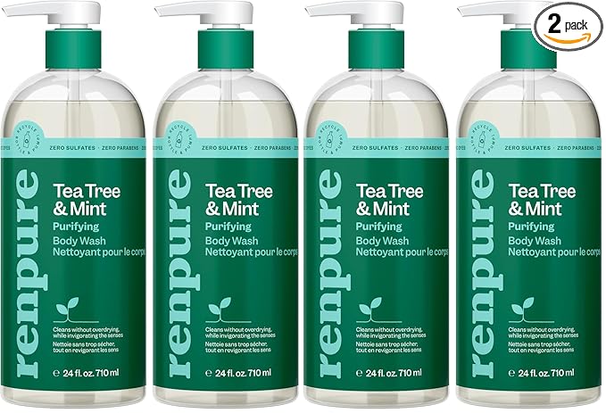 RENPURE Tea Tree & Mint Body Wash - Cleanses, Invigorates & Refreshes Skin Without Over-Drying - For All Skin Types - Tea Tree Leaf Oil, Spearmint Leaf Oil - 24 Fl Oz each,2 Count (Pack of 2)