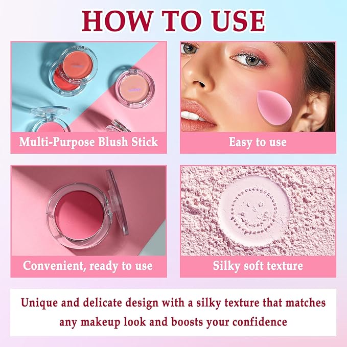 6 Colors Blush Stick,Solid Cream Blush,Multi-Use Blush Stick for Cheeks,Lips and Eye,High Pigmented Blush Makeup Stick Set D