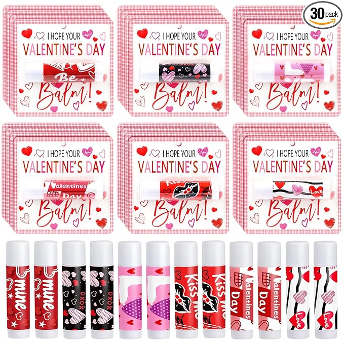 30 Pcs Valentine Lip Balms Bulk Valentine's Day Gifts for Women Galentines Chapstick Gloss 6 Assorted Flavors for Wedding Bridal Shower Birthday Party Favours