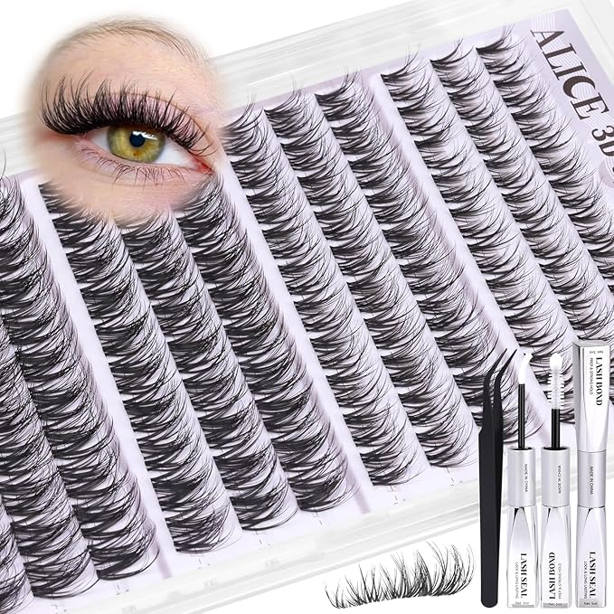 ALICE Spider Lash Clusters Kit Wispy Volume Cluster Eyelash Extension Kit 3D Natural Eyelash Clusters Kit 10mm-16mm Invisible Band Individual Lashes with White Bond and Seal