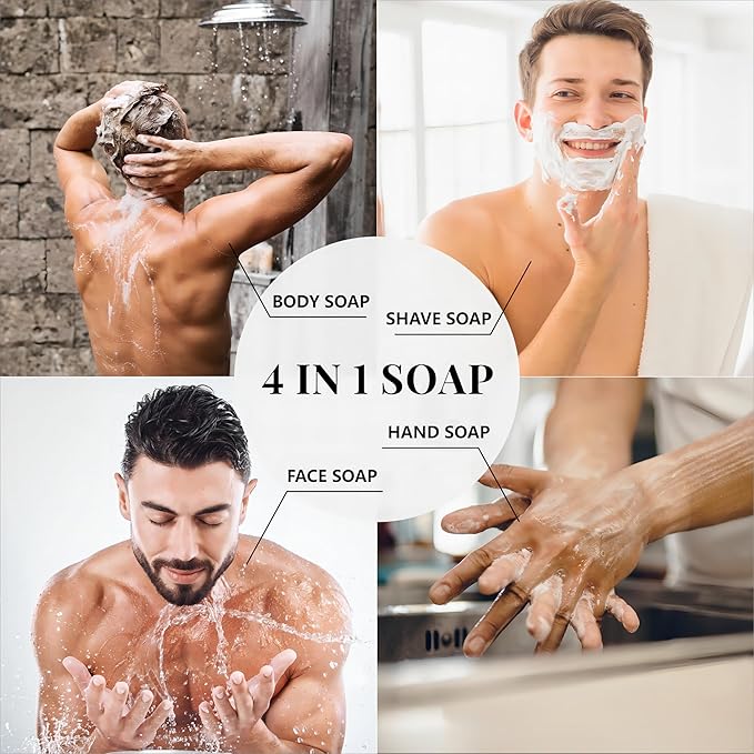 Rinse & Robust Mens Bar Soap Bath Bar Soap 3Pack Handmade Natural Soap Bar Set Cleansing Bar Moisturizing&Exfoliating Scrub Soap Gift Set for Men | Leather, Sandalwood, Teakwood | 3.5 oz of 3 Bars