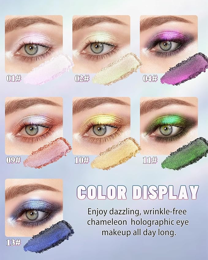 Chameleon Duochrome Glitter Eyeshadow Palette, Holographic Shimmer Single Eye Shadow Palettes, Color Shift Sparkle Iridescent, Multichrome Metallic Eye Brightener Highlighter Makeup-10 Solar Gold