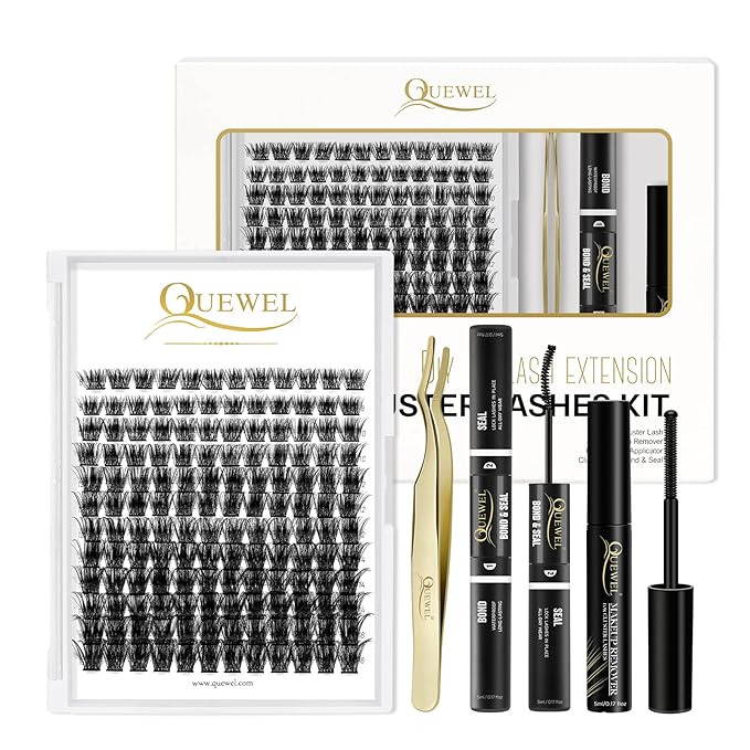 QUEWEL Lash Clusters Kit 144 Pcs Eyelash Clusters, with Applicator Tool, Super Hold Cluster Lashes Bond and Seal, Glue Remover Easy to Apply at Home(Honey01-Kit)