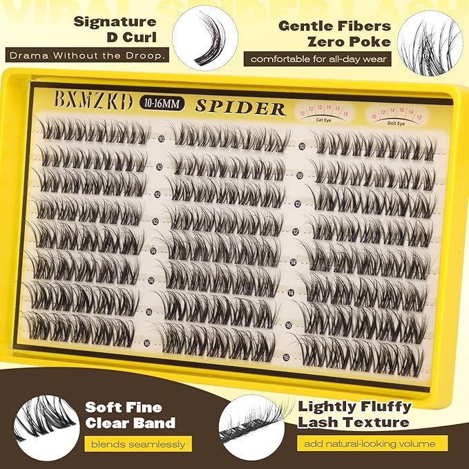 Spider Lash Clusters Kit Natural Fluffy Eyelash Clusters Kit Spider Breeze Cluster Eyelash Extensions 10-16MM D Curly Wispy Individual Lashes with Invisible Band for DIY Lash Beginners