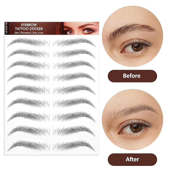 YUXIANLB 10 Sheets Waterproof Eyebrow Tattoo Fake Eyebrows Sticker 4D Hair-Like Eyebrow Tattoos Stickers Temporary Eyebrow Tattoo For Women Long-Lasting Eyebrow Christmas For Makeup Beginner(Black-01)