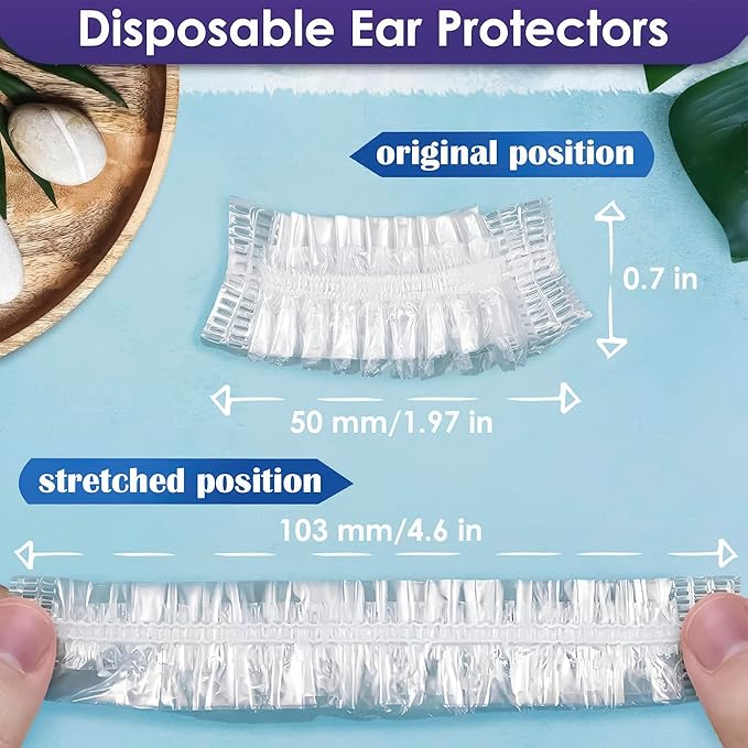 200 Pcs Ear Covers for Shower – 1.97x0.7" Disposable Ear Covers for Hair Dye, Stretchable up to 4.6" – Splash-Resistant, Lightweight Plastic, Comfortable to Wear | Suitable for Home, Spa, and Travel