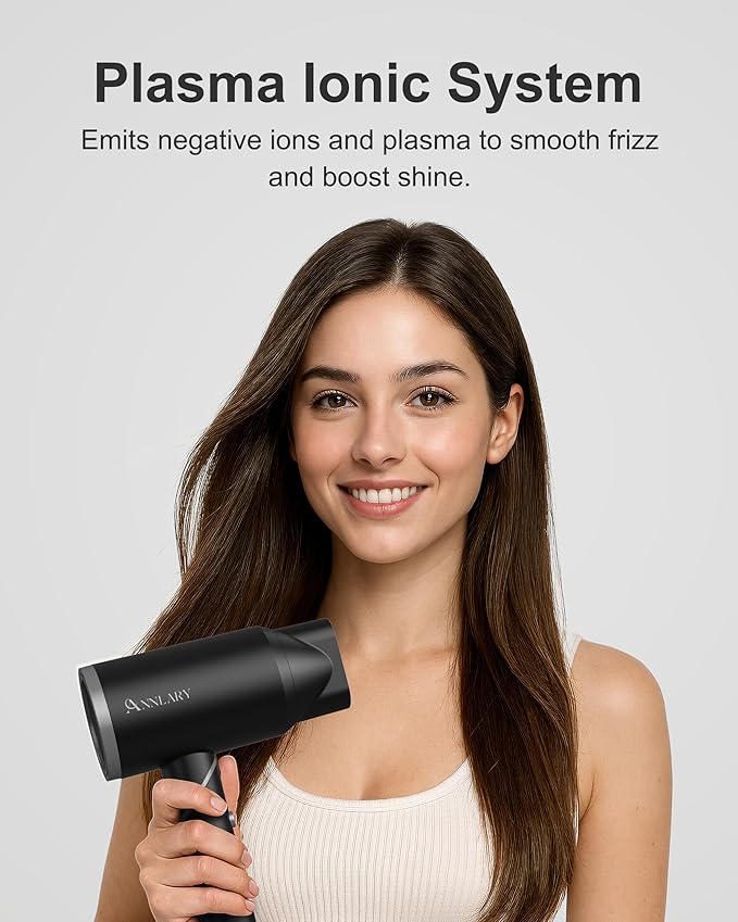 ANNLARY Hair Dryer with Comb | 1800W Blow Dryer with Diffuser for Curly Hair | Plasma Ionic Hairdryer for Frizz Control | Foldable & Protable Design for Travel | 6.5 ft ALCI Cord
