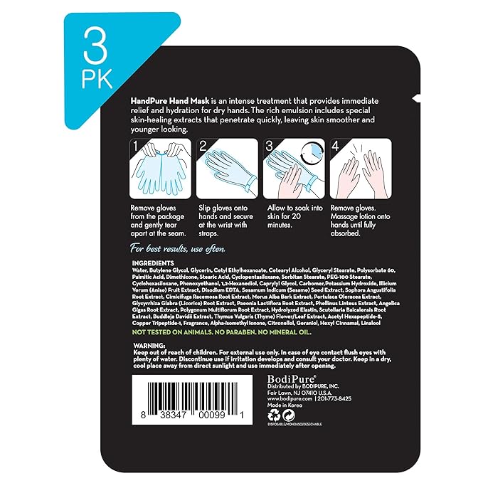 Bodipure HandPure Hand Mask Moisturizing Gloves, 3-Pack for Dry, Cracked Hands, with Touchscreen White Cotton Gloves – 1 Pack for Enhanced Cream Absorption (3 + 1 Cotton Gloves)