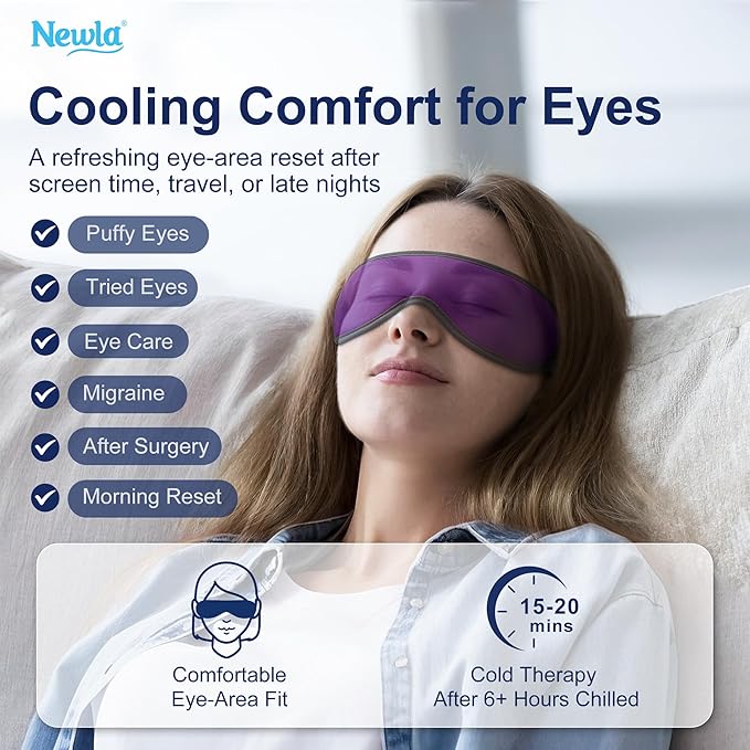 Contoured Cooling Gel Eye Mask: Snug Fit Cold Compress for Puffiness Migraines Dark Circles Sinus Eye Strain - Fits All Head Sizes - Daily Relaxation Beauty Care Travel (Purple)