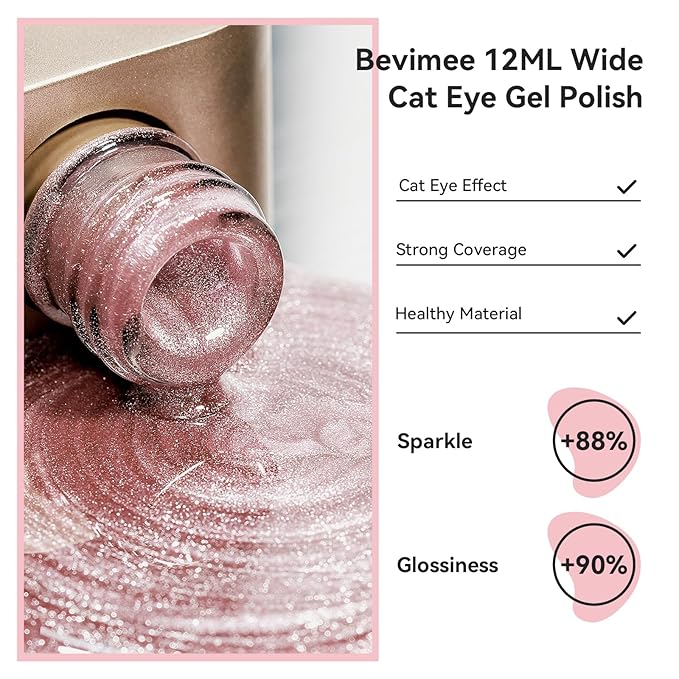 Pink Cat Eye Gel Polish, Glitter Magnetic Nail Polish Shimmer With Magnet Stick, for Holographic Cateye Effect, UV Velvet Gel Nail Art Manicure Salon DIY Home Valentine's Day Gift, 12ML