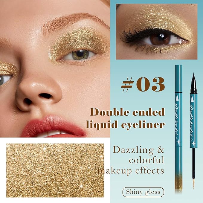 Double-Headed Liquid Sparkling Eyeshadow Eyeliner Pen for Women, Ultra - Fine Tip Glitter Shimmer Liner Shadow for Eye Makeup, High-Pigment Highlighter Brightener Stick,Waterproof Quick - Drying (3#)