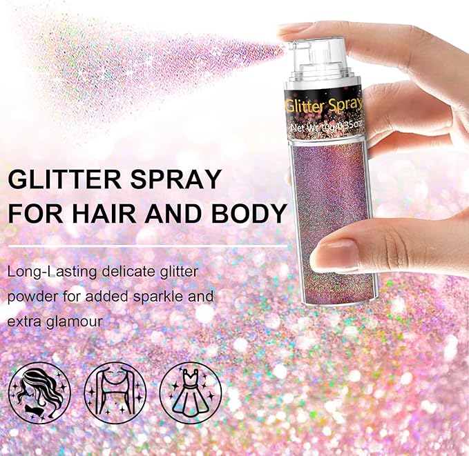 Hair and Body Glitter Spray, Glitter Hairspray Dry Powder Makeup for Clothes, Festival Rave Prom Loose Sparkle Powder,Holographic Ultra Fine Resin Glitters for Crafts (Metallic Beauty Beam)