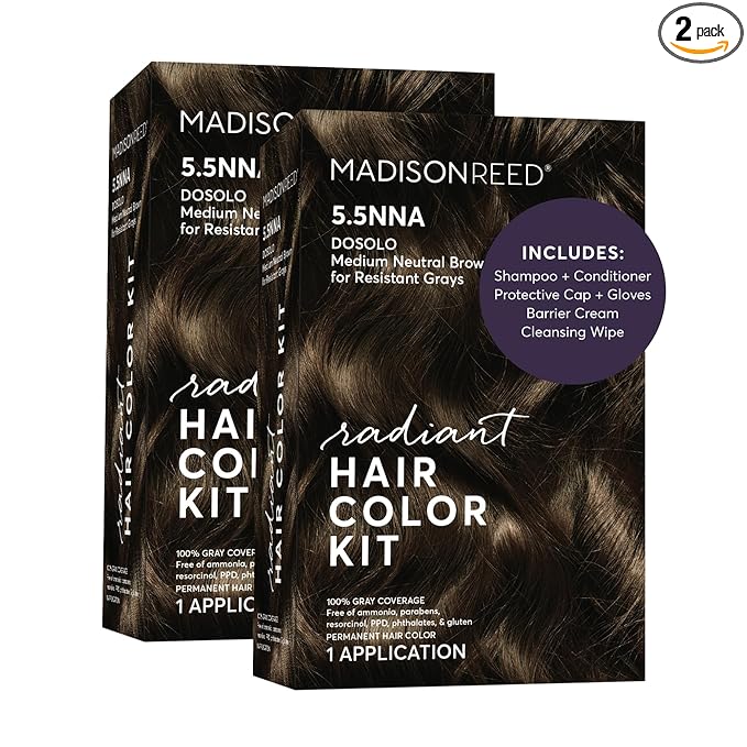 Madison Reed Radiant Hair Color Kit - 5.5NNA Dark Neutral Brown (Dosolo), 100% Gray Hair Coverage Permanent Hair Dye for Resistant Grays | PPD-Free & Ammonia-Free, 2 Pack