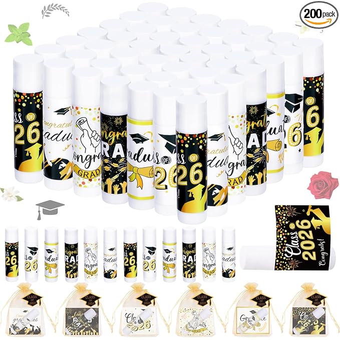 50 Set 2026 Graduation Gift Bulk Lip Balms Class of Graduation Party Favors with 6 Assorted Flavors Inspirational Graduation Gifts with 50 Organza Bags and Cards for Students Graduation Party