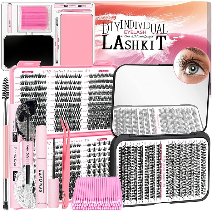 QUKLOGEN DIY Wispy Lash Extension Kit 620Pcs D Curl 6 styles Individual Lash Clusters Eyelash Extension with Lash Bond and Seal,Quick Glue Remover Tweezers Eyelash Brush Mini Applicator