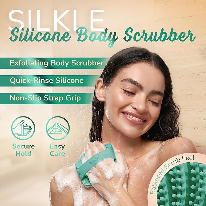 SILKLE Silicone Body Scrubber – Gentle Exfoliating Shower Scrubber for Body & Bath, Silicone Shower Brush & Loofah Alternative – Non-Slip Silicone Body Brush, Quick Dry, Hygienic - Green