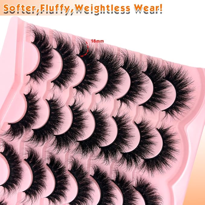 loladook Mink Lashes Strip Cat Eye Wispy D Curl Fluffy Lashes Pack 18mm Long Volume Faux Mink Eyelashes Natural Look 14 Pairs