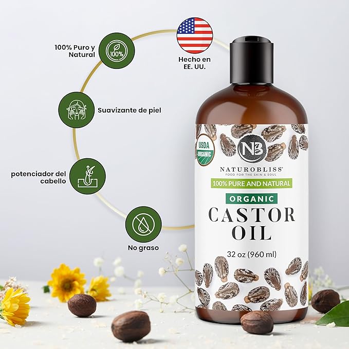 NaturoBliss 100% Pure Organic Castor Oil – Expeller-Pressed & Hexane-Free – Professional/Salon Size for Hair, Skin, Lashes & Brows, with Beauty Starter Kit – 32 fl oz (Bulk Value)