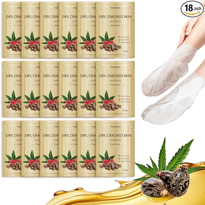 TEAWOO 18 Pairs Moisturizing Foot Masks with Castor Oil & Jojoba Oil, Intensely Hydrating Foot Mask For Dry Cracked Feet, Moisturizing Socks for Cracked Heel Treatment