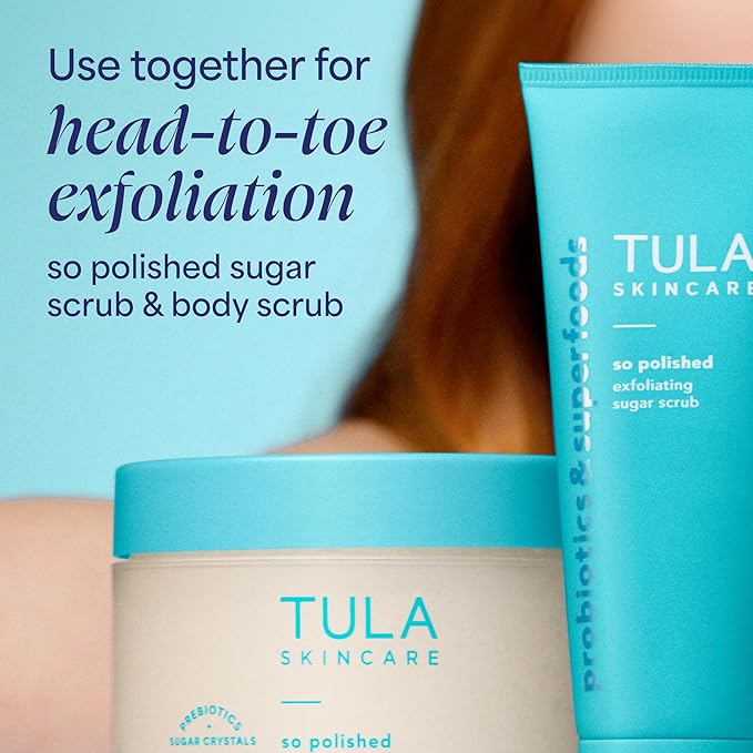 TULA Skin Care So Polished Exfoliating Body Scrub - Gently Exfoliates with Prebiotics, Coconut Oil, and Sugar for Reviving Exfoliation and Glow, 0.44 lb