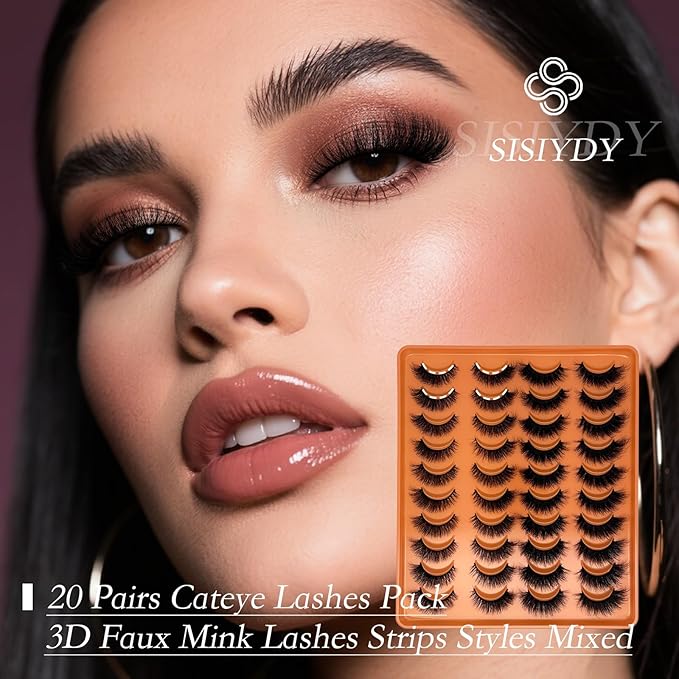 Mink Lashes Cat Eye 3D Faux Mink Fluffy Eyelashes 18mm Dramatic Volume Fake Cat Eyelashes Full Strips Lash C Curl False Lashes Strips Mink Lash Pack 20 Pairs 2 Styles Mixed YH312