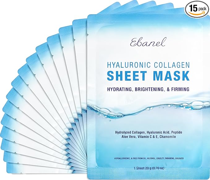 Ebanel 15 Pack Collagen Face Mask with Hyaluronic Acid, Vitamin C, Peptide, Aloe, Instant Brightening Hydrating Face Masks Skincare Korean Sheet Mask, Skin Firming, Lifting Anti Aging Facial Masks