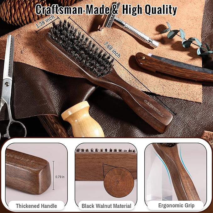 GAINWELL Mens Wild Boar Bristle Hair Brush for Men, Slick Back Hair Brush with Stiff Bristles for Thick Hair, Beard Brush Natural Black Walnut Wooden Handle Hairbrush