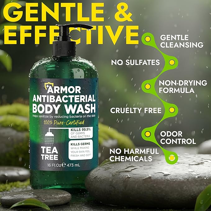 Antibacterial Body Wash with Tea Tree Oil | Antibacterial Soap for Men & Women | Kills 99.9% of Germs & Bacteria | Helps with Back Acne, Body Odor & Skin Irritation | Daily Body Cleanser 16 fl oz