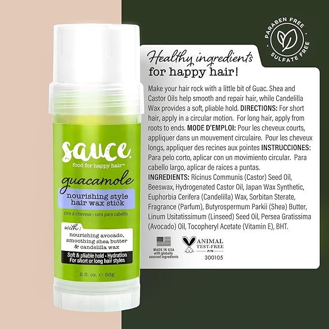 SAUCE BEAUTY Guacamole Hair Wax - Paraben & Sulfate Free, Moisturizing Avocado Oil & Shea Butter Wax for Styling Flyaway & Brittle Hair (2 oz)