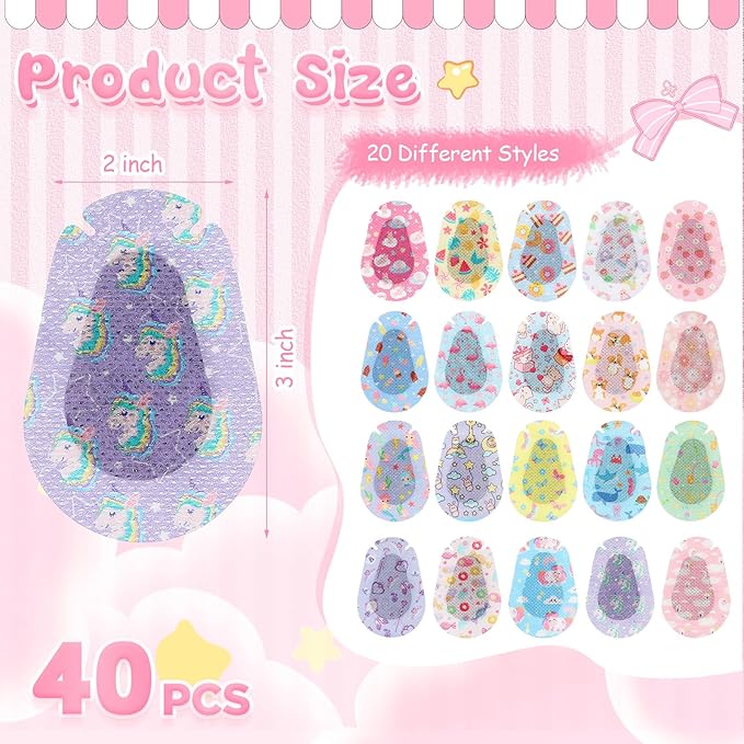 Copkim 40 Pcs Adhesive Eye Patches for Kids Girls Cute Toddler Eye Patch Bulk Colorful Breathable Cartoon Lazy Patch for Children Baby Light Blocking, 20 Styles, 3 x 2 Inches (Patterned)