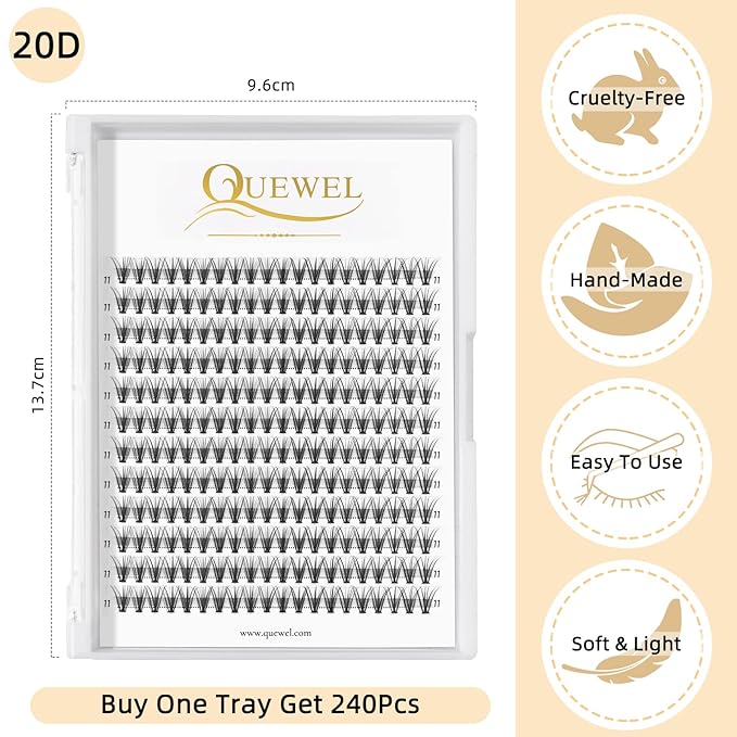 QUEWEL Lash Clusters 240Pcs Individual Lash 20D 0.07D Curl 11mm Knot-Free Lash Extensions Clusters Lashes Soft&Natural False Eyelashes Individual DIY Eyelash Extension at Home(20D 0.07D 11)