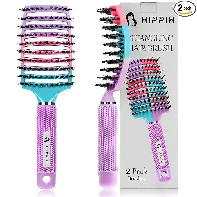 Boar Bristle Hair Brush Set of 2, HIPPIH Wet & Dry Hair Brushes Made by Fine Natural Boar Hair Can Adds Shine and Smoothing, Detangling Hairbrush for Women, Men & Kids' Long Curly Thick Hair