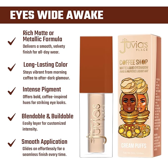Juvia's Place Coffee Shop Liquid Eyeshadow - Cream Puffs - Matte Finish for Rich, Long-Lasting Color, Waterproof, and Smooth Texture - Buildable and Vibrant - Ideal for All Skin Tones, 0.16 fl oz