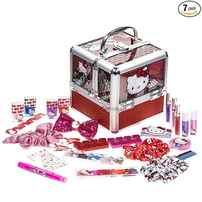 Hello Kitty Train Case Cosmetic Makeup Set Includes Lip Gloss, Eye Shimmer, Nail Polish, Hair Accessories & More! For Girls, Ages 6+ Perfect for Parties & Makeovers by Townley Girl