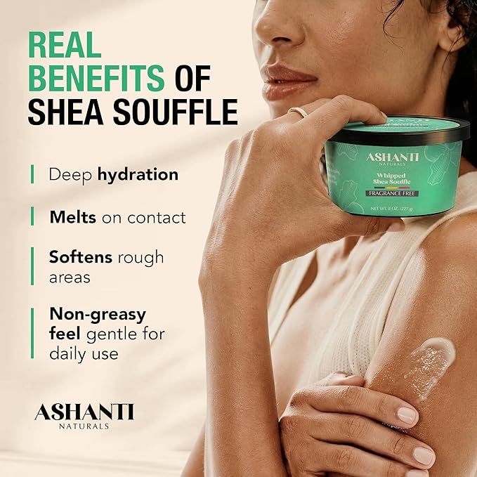 Ashanti Naturals Scented Whipped Shea Butter | African Body Butter for Men w/Coconut and Almond Oil (Fragrance Free Souffle, 8 oz)