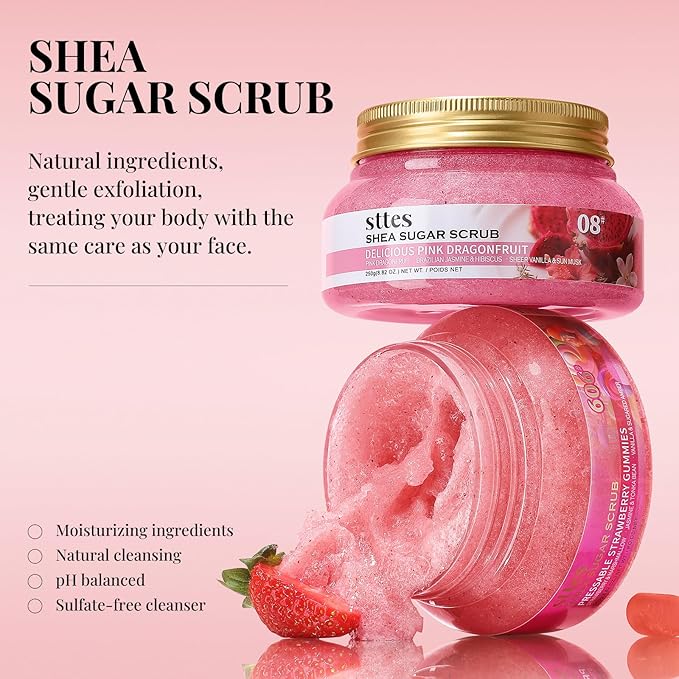 Sttes Smell Rio Shea Sugar Body Scrub 606 (Pressable Strawberry Gummies) – Strawberry Candy Scent Shower Treatment 250g