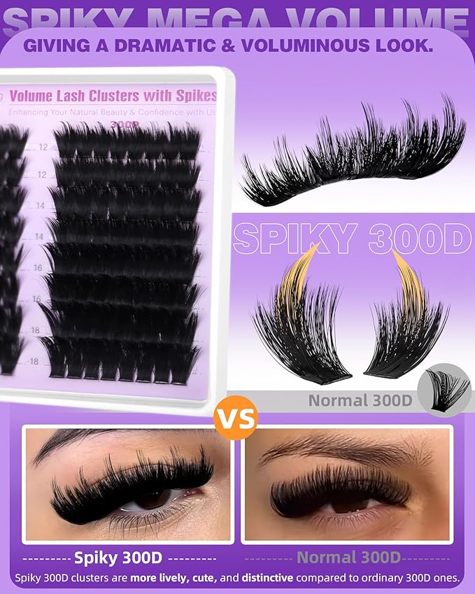 EYDEVRO Volume Lash Clusters Kit with Spikes Fluffy Eyelash Clusters Kit Manga Lash Clusters 180D260D300D Cluster Eyelash Extensions 12-18mm Mega Volume Thick Long D Curl Lash Extension Kit