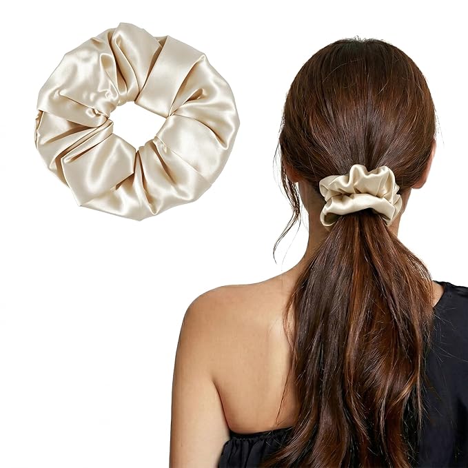 ZLYC 100% Mulberry Silk Hair Tie Scrunchie 19 Momme Gentle Creaseless Dent-Free Ponytail Holder for Women, 6cm Solid Beige