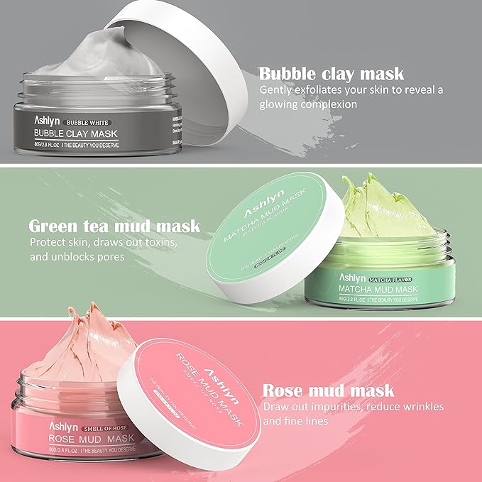 Ashlyn 3-Piece Mud Mask Set, Green Tea Mud Mask, Rose Mask Skincare Series, Dead Sea Foaming Deep Cleansing Mask, Firming Oil Control, Pore-Minimizing Skincare, 8.46 oz