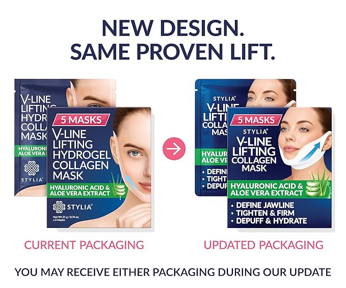 Stylia V Line Lifting Collagen Mask - Lift, Firm & Contour Jawline - Tightening Double Chin Strap with Hyaluronic Acid & Aloe - Neck Tightening and Lifting Mask - Jawline Shaper Face Lift Tape (5PC)