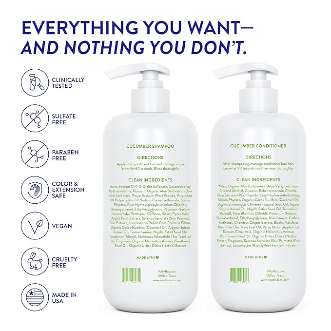 Routine Wellness Anti-Thinning Shampoo and Conditioner Set for Thinning Hair - Biotin DHT Blocker Women & Men - Color Safe Shampoo for Hair Loss & Healthier Hair - Cucumber Set