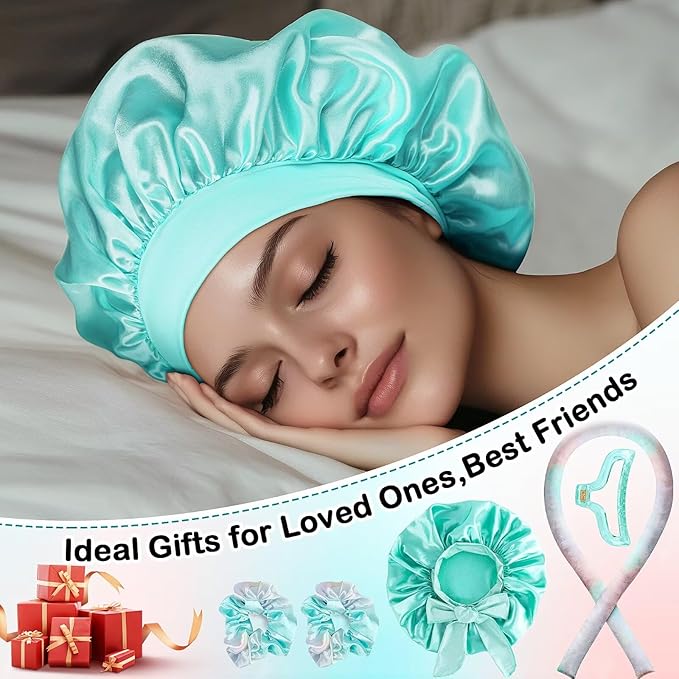 Heatless Hair Curler for Overnight Curls | No Heat Curling Rod Set with Satin Bonnet | Sleep-In Safe Blowout Rods for Frizz-Free Waves Green Tie Dye